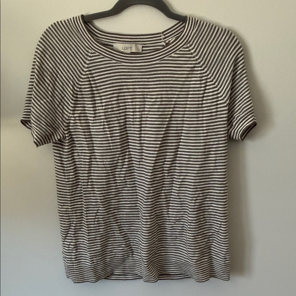 LOFT Women's Black and White Striped Crew Neck Sweater